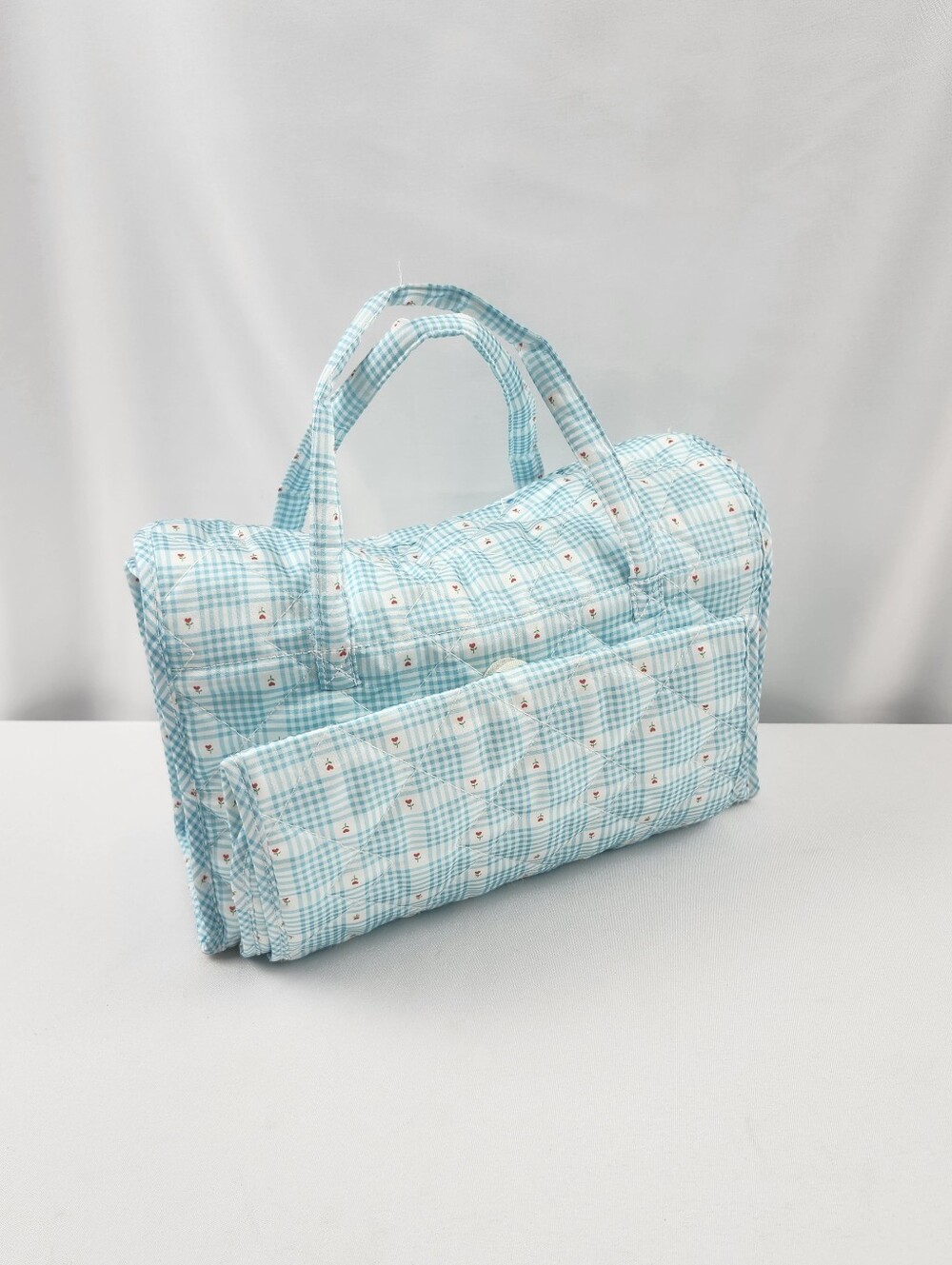 American Girl Bitty Baby Diaper Bag Blue White Gingham Red Floral Quilted